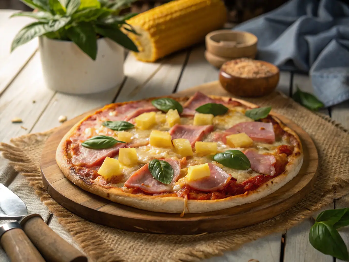 A visually appealing image of a Hawaiian pizza featuring ham and pineapple toppings on a tomato sauce base with melted mozzarella cheese. The pizza is presented on a wooden board with a pizza cutter nearby.