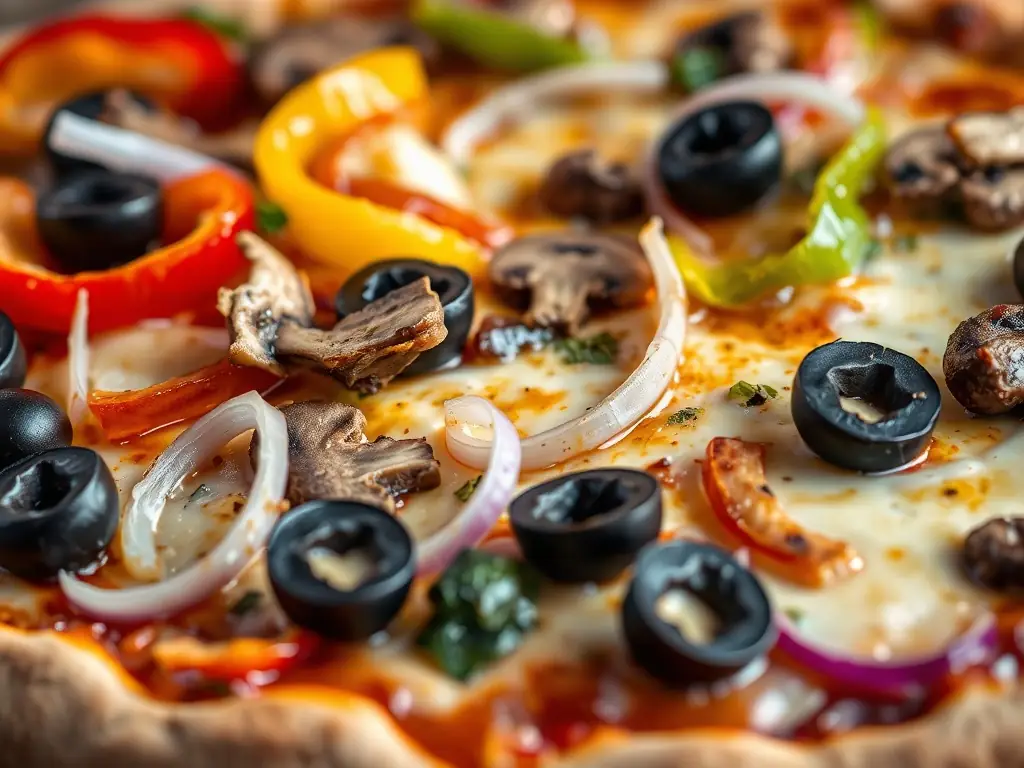 A close-up shot of a vegetarian pizza with a variety of colorful vegetables such as bell peppers, onions, mushrooms, olives, and spinach. The pizza has a light and airy crust with melted mozzarella cheese.