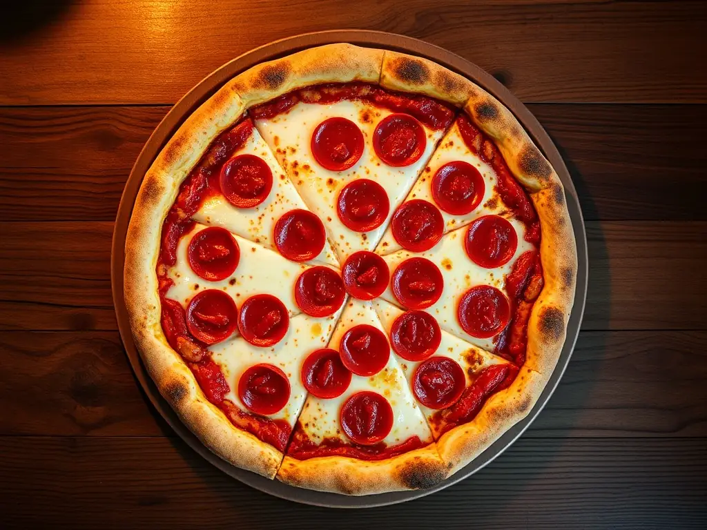 A vibrant, overhead shot of a classic pepperoni pizza with a golden-brown crust, melted cheese, and evenly spaced pepperoni slices. The pizza is cut into slices, ready to be served, and placed on a checkered red and white tablecloth.